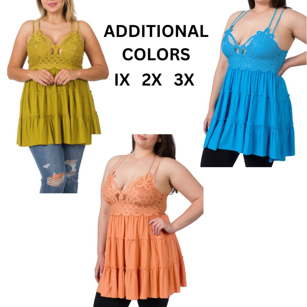 PLUS CROCHET LACE RUFFLE CAMI DRESS - Olive Mustard 1X - Picture 10 of 10